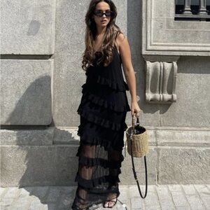 ZARA WOMAN NWT BLACK RUFFLED LONG KNIT DRESS